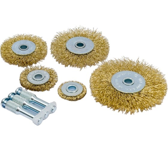 06990/Набор круглых щеток проволочных 25, 38, 50, 63, 75 мм с крепежным стержнем, VOREL